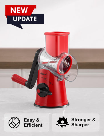 Geedel rotary cheese grater with Z-shaped handle enables quick, smooth operation
