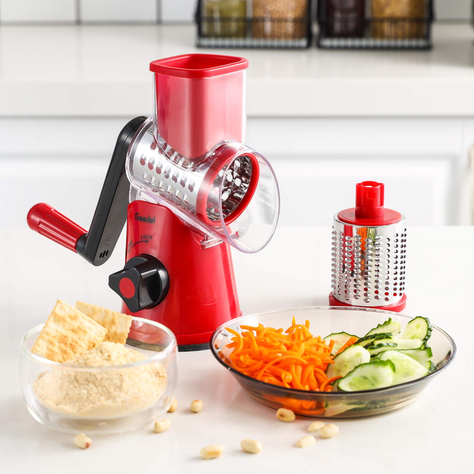 Geedel Rotary Grater multipurpose use for cheese, vegetables, nuts, and fruits.