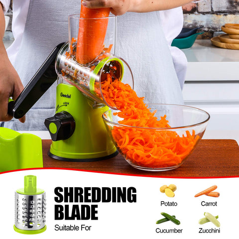 Geedel rotary grater with suction base stays steady on counter.