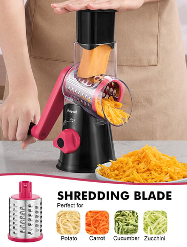 Geedel safety handle and food pusher protect fingers during operation.