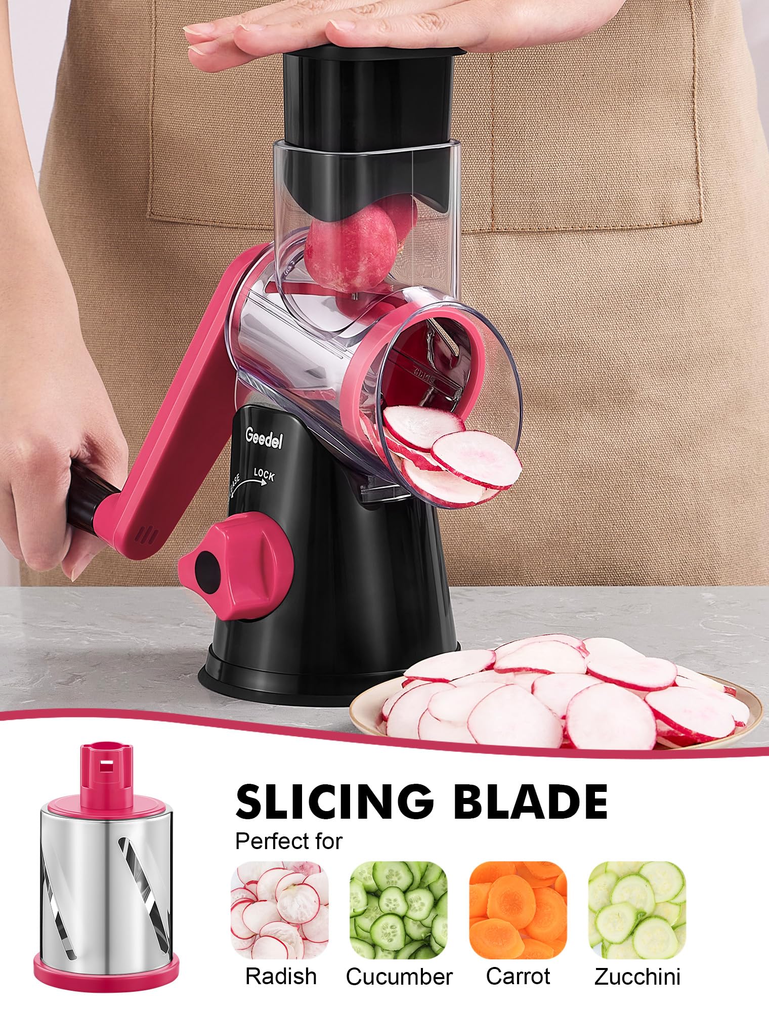 Close-up of Geedel stainless steel blades for durable, even results.