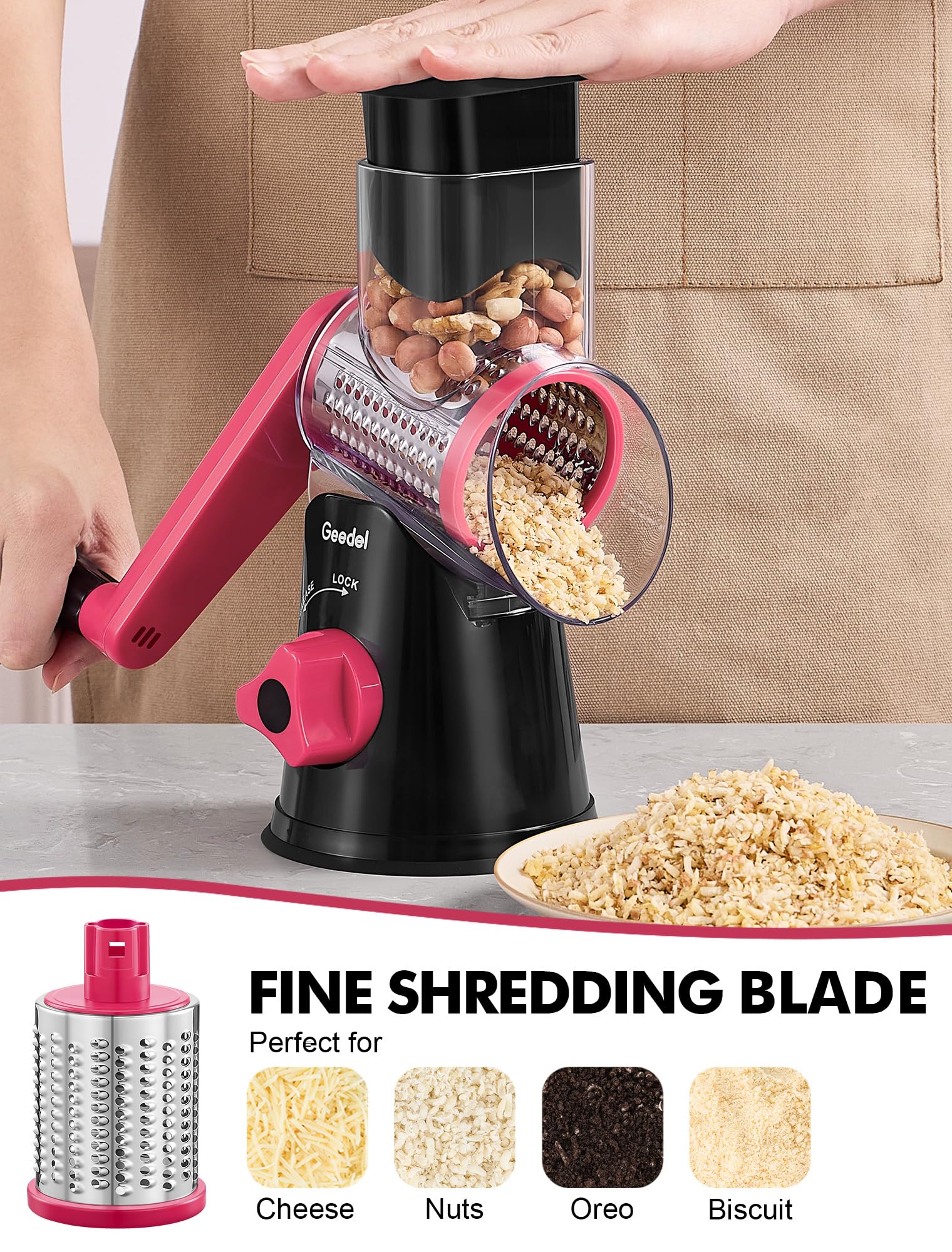 Geedel suction base keeps the grater steady on the counter.