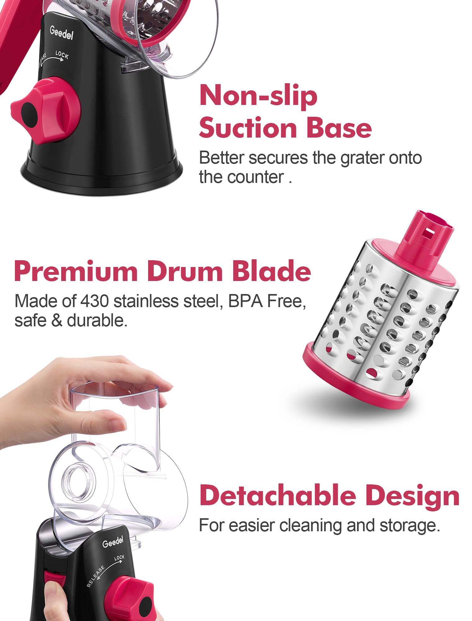 Geedel transparent barrel design reduces jams while shredding ingredients.