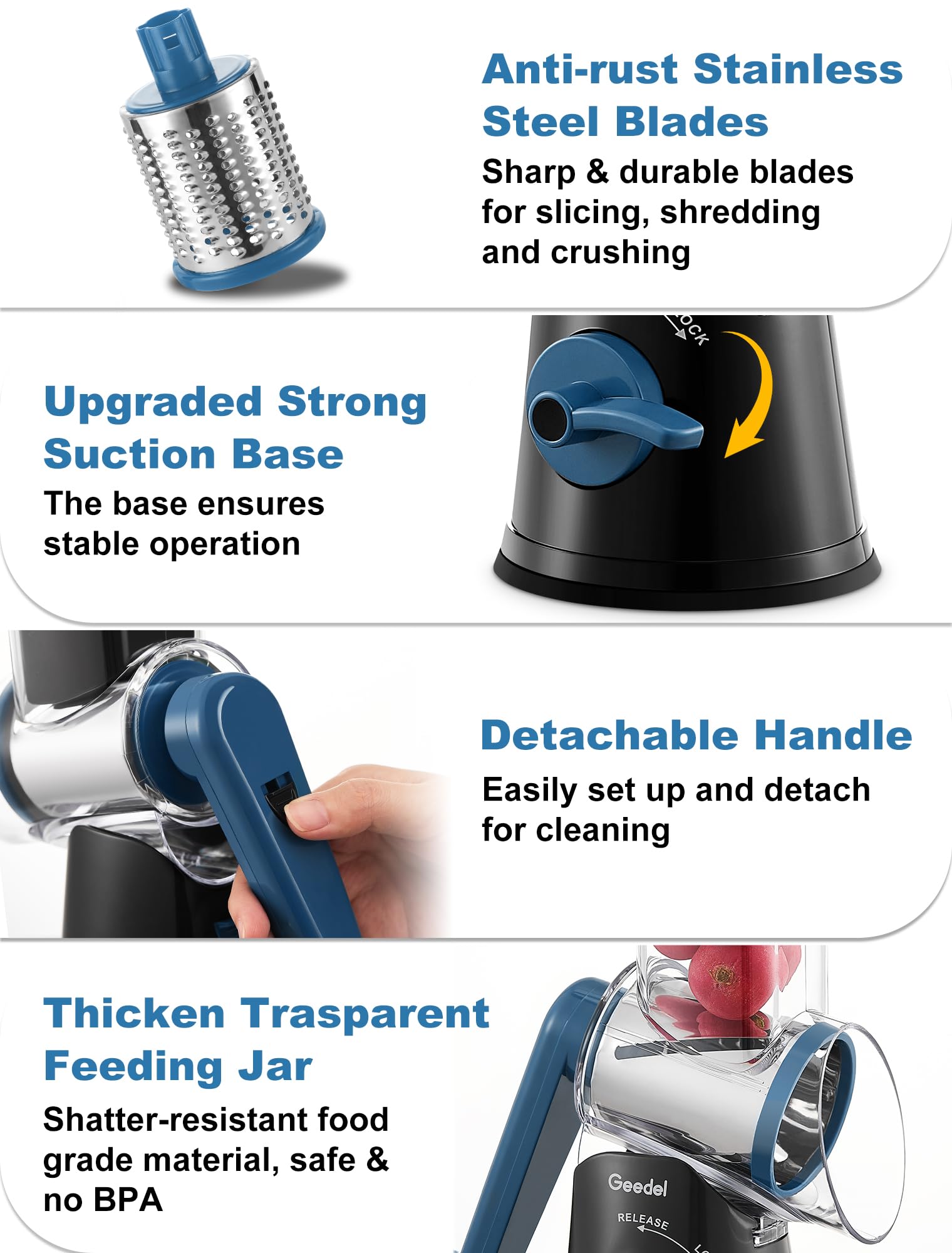 Geedel z shaped handle reduces effort during rotations.