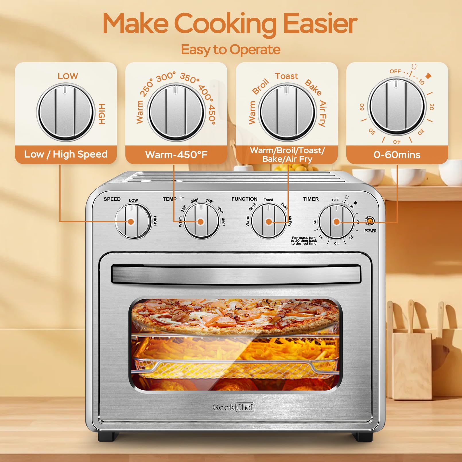 Geek Chef three rack positions ensure even cooking across levels.