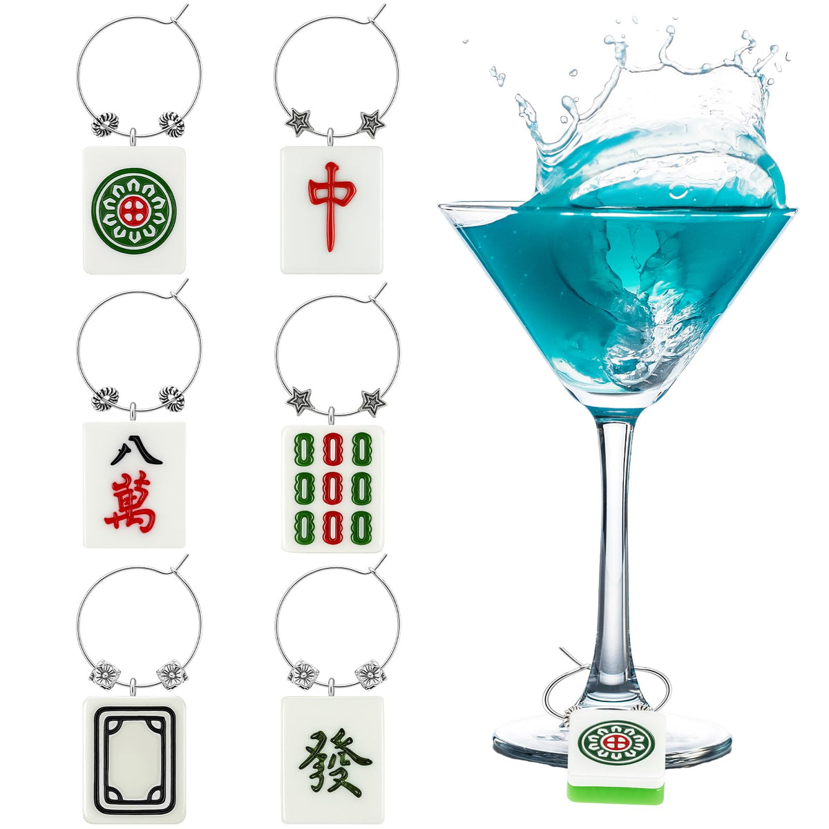 Geelin Mahjong wine charms with classic tiles enhance party drink labeling.