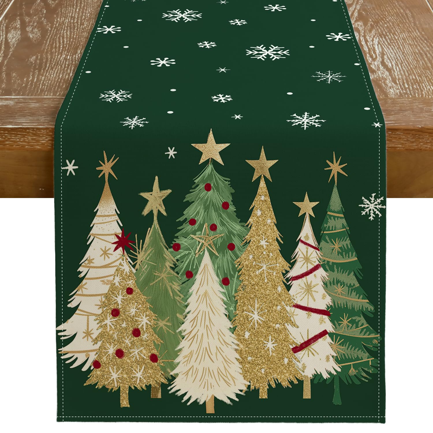 Geeory Christmas table runner on a green tablescape, ideal for holiday gatherings.