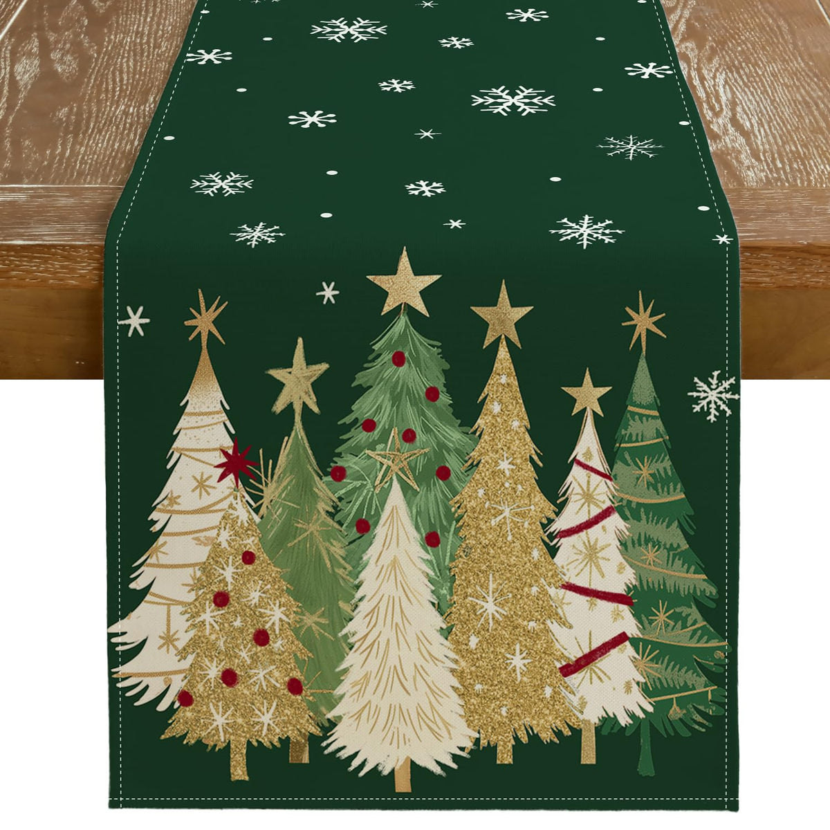 Geeory Christmas table runner on a green tablescape, ideal for holiday gatherings.