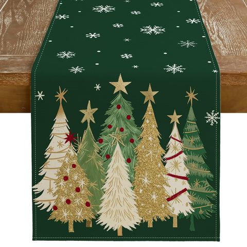 Geeory Christmas table runner on a green tablescape, ideal for holiday gatherings.