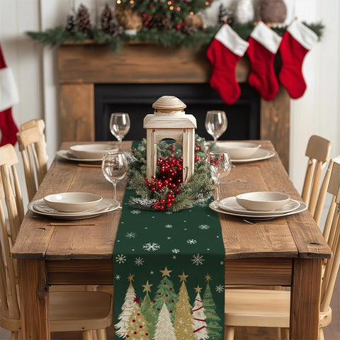 Geeory table runner pattern with trees and snowflakes adds festive charm.
