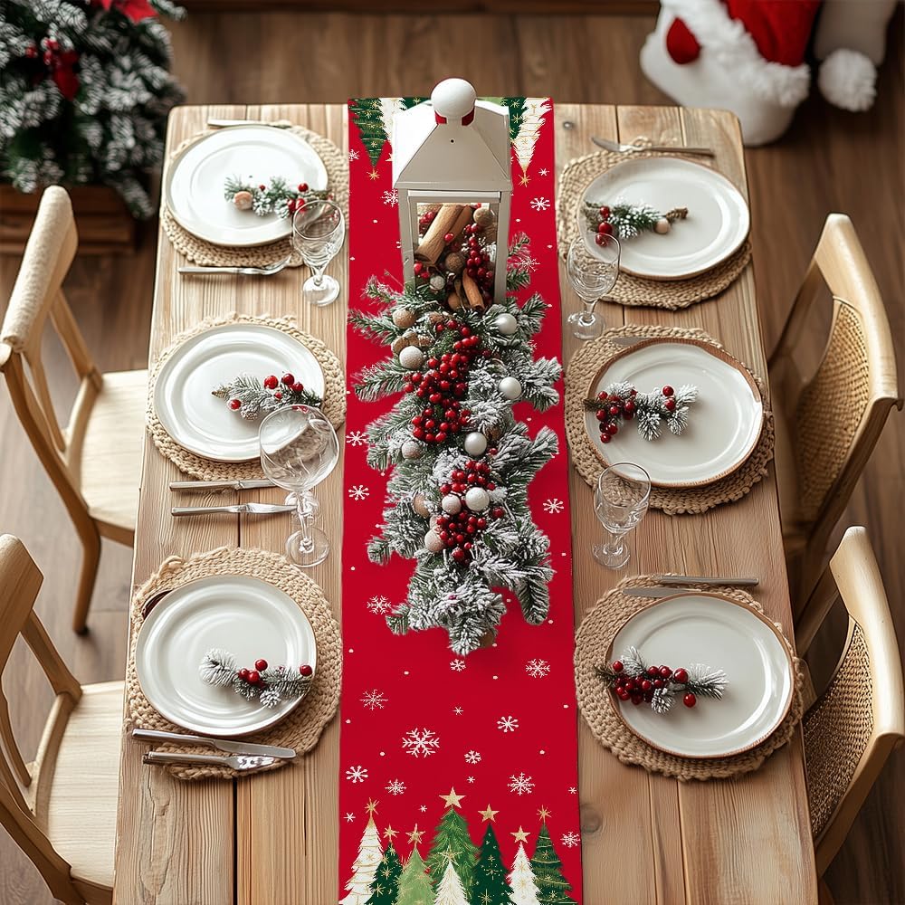 GEEORY spun polyester runner, weather-resistant with lasting color for busy holiday dinners.