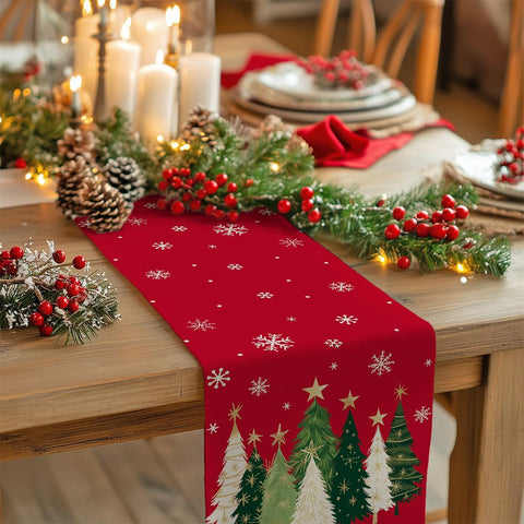GEEORY table runner features Christmas trees and snowflakes to elevate holiday tables.