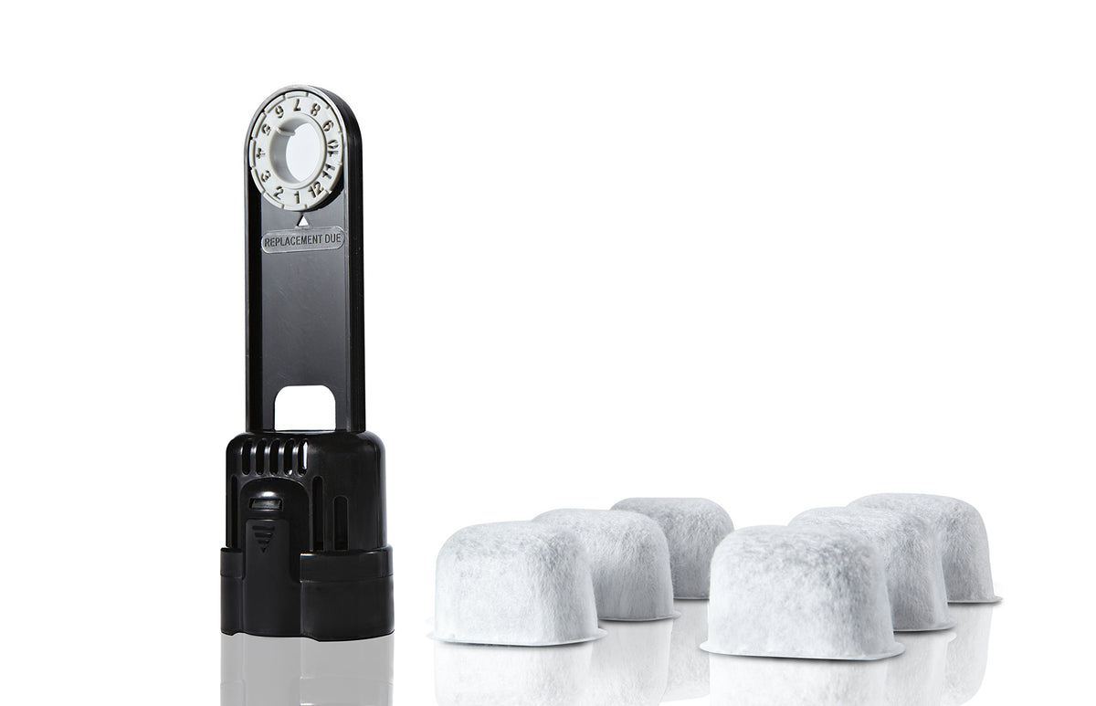 Geesta 6-pack charcoal filters for Keurig with starter kit, front view, easy replacement benefit shown.
