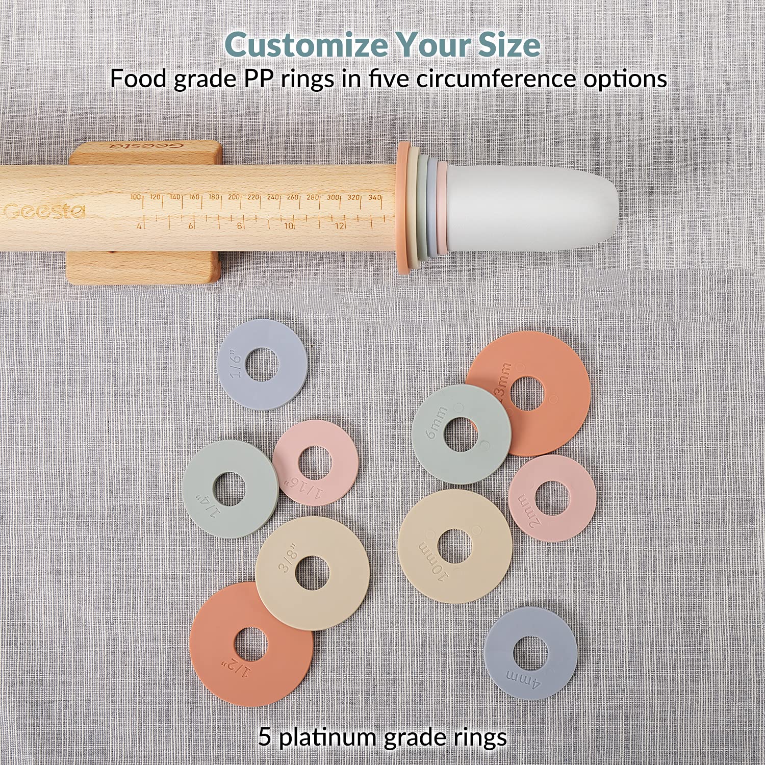 Geesta rolling pin with built-in guide to map dough dimensions