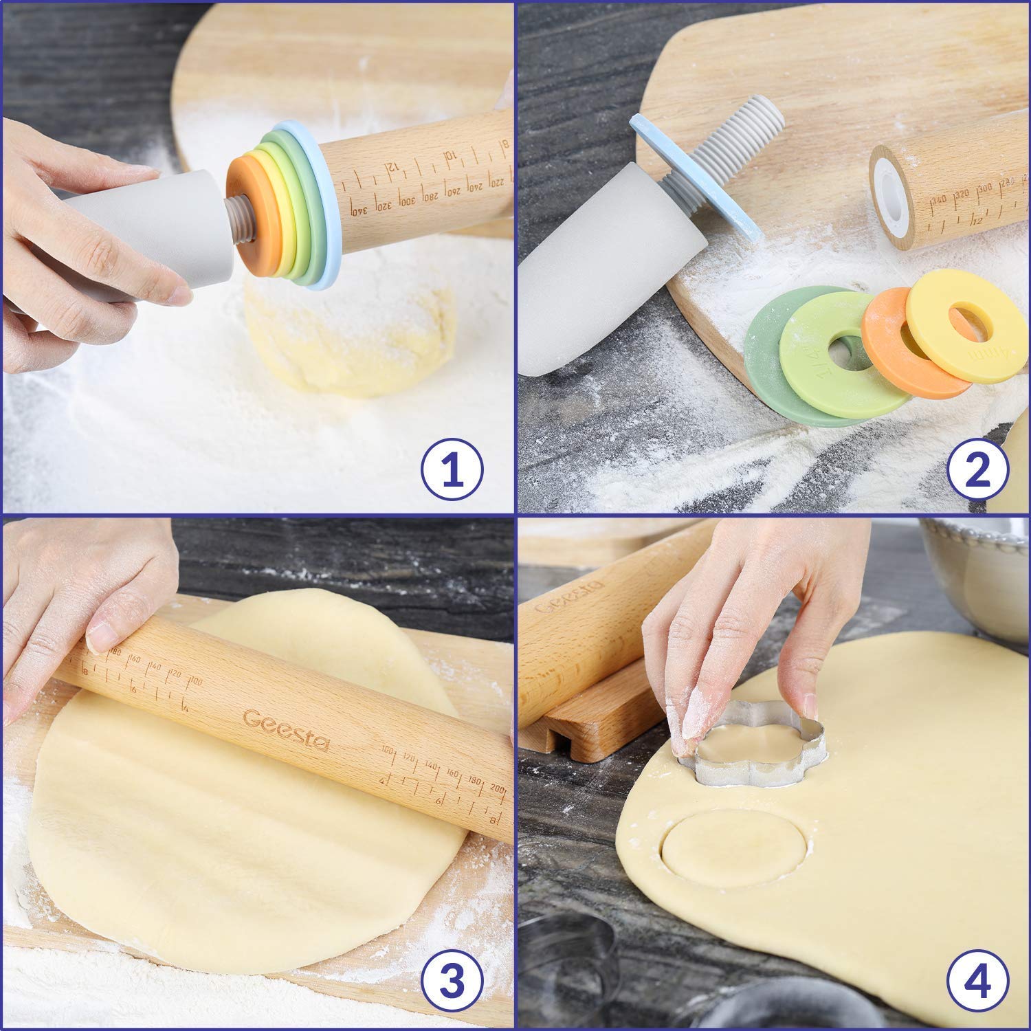 Geesta rolling pin shows engraved measurements for precise sizing