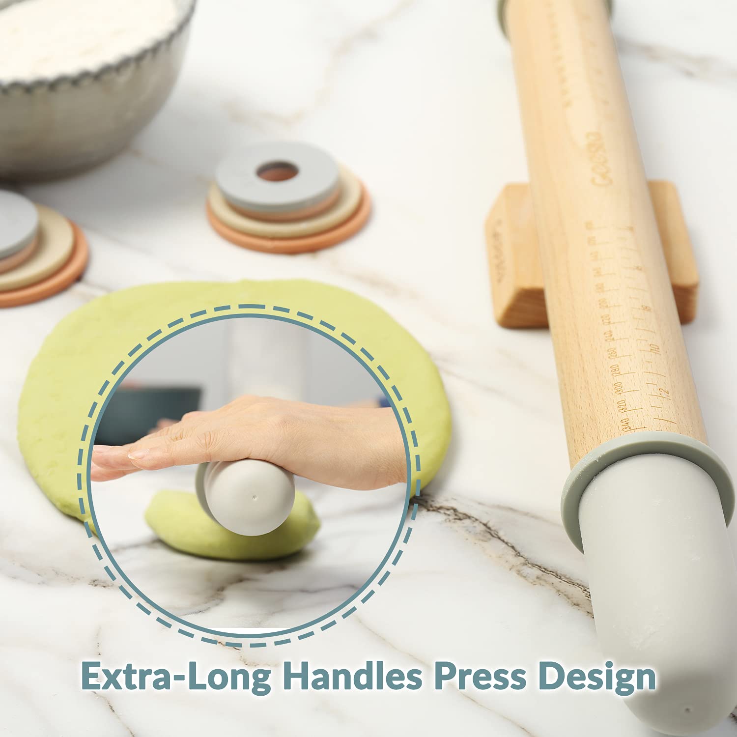 Geesta wooden holder keeps the rolling pin steady and stores accessories