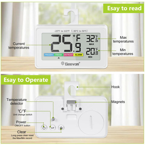 Geevon thermometer with magnetic back attached to a metal surface
