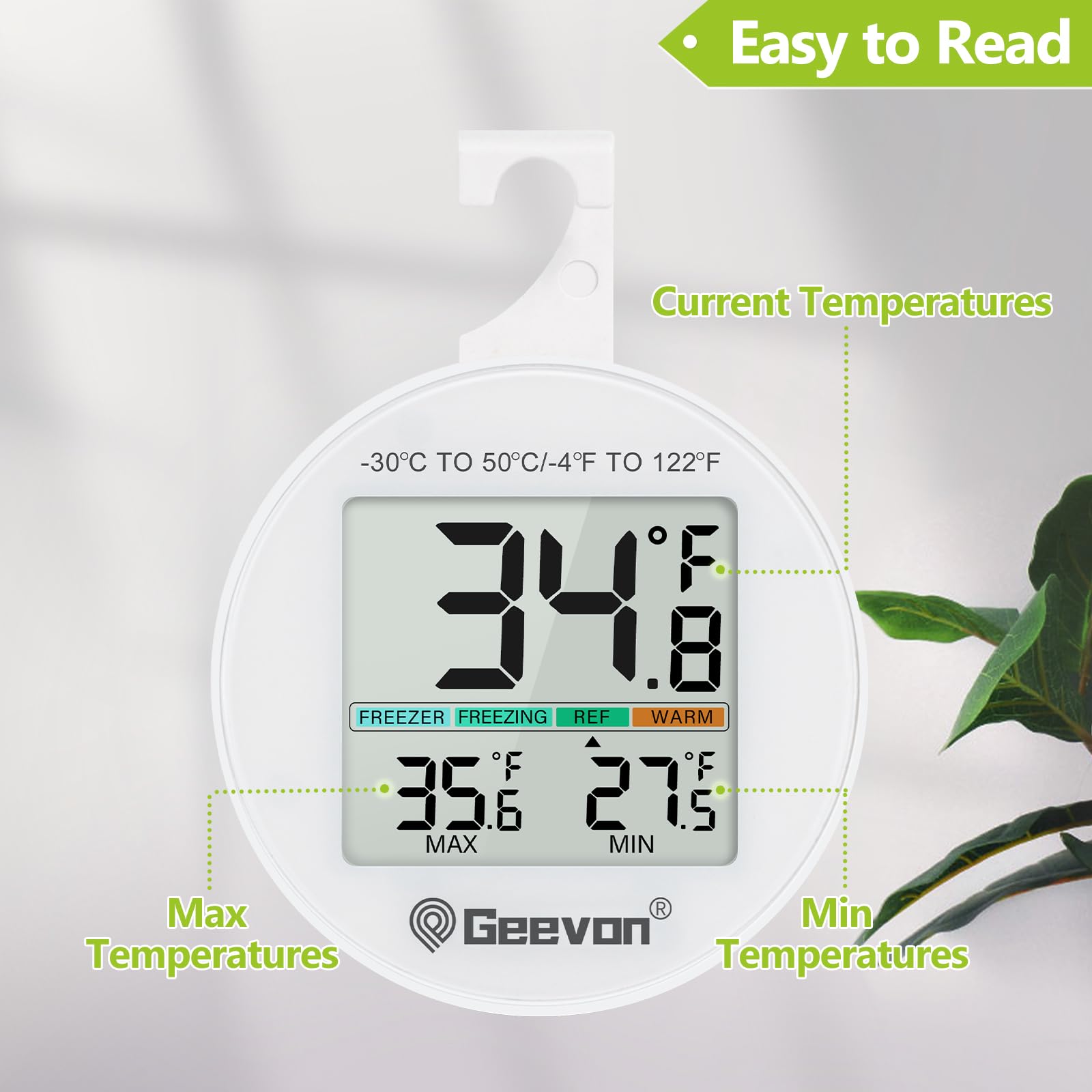Geevon thermometer with magnetic back for quick fridge mounting.