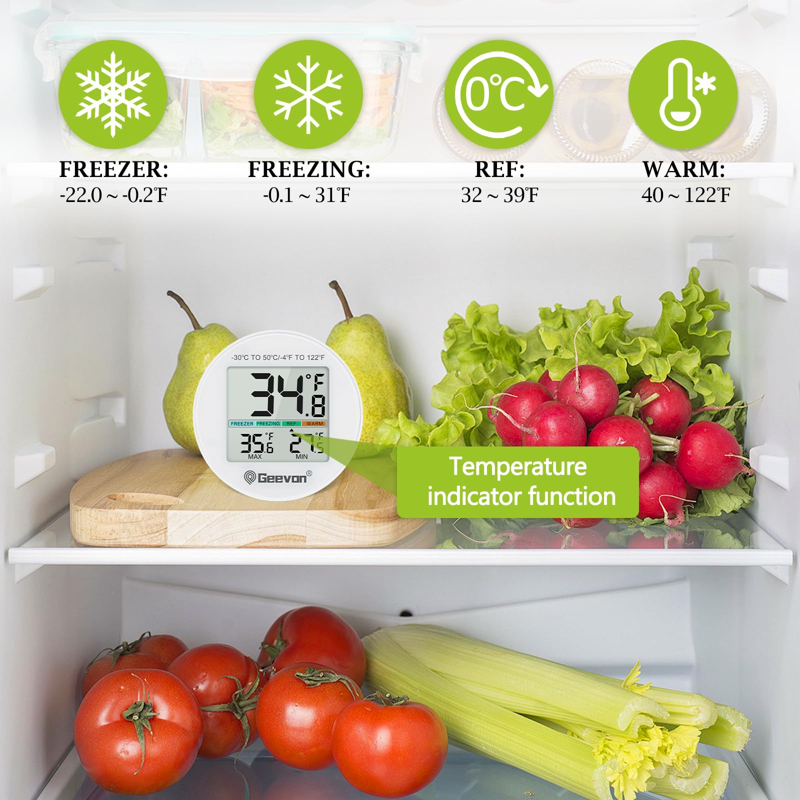 Geevon digital thermometer monitoring freezer temperature with reliable readings.