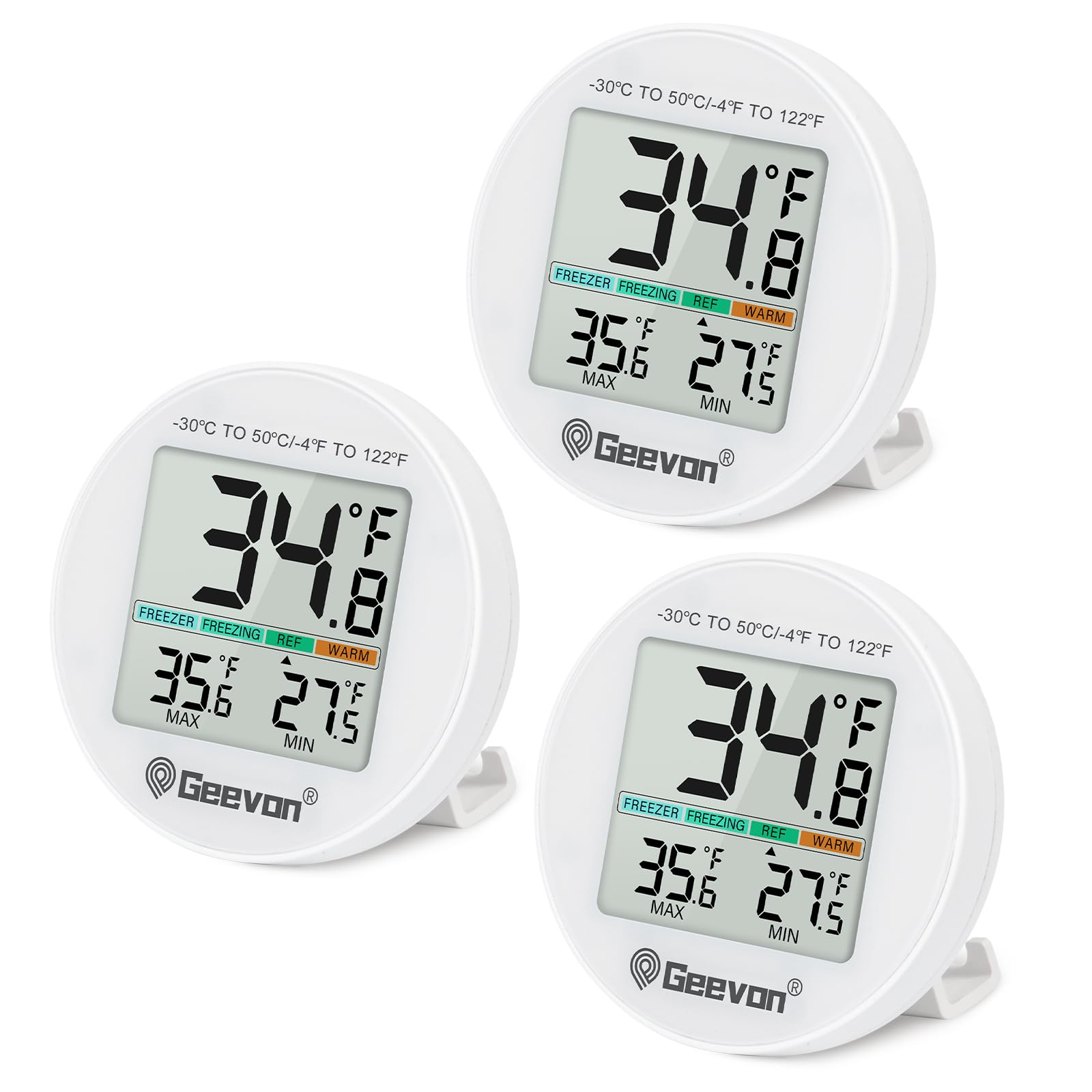 Geevon small digital thermometer on fridge with clear display for accurate food storage.