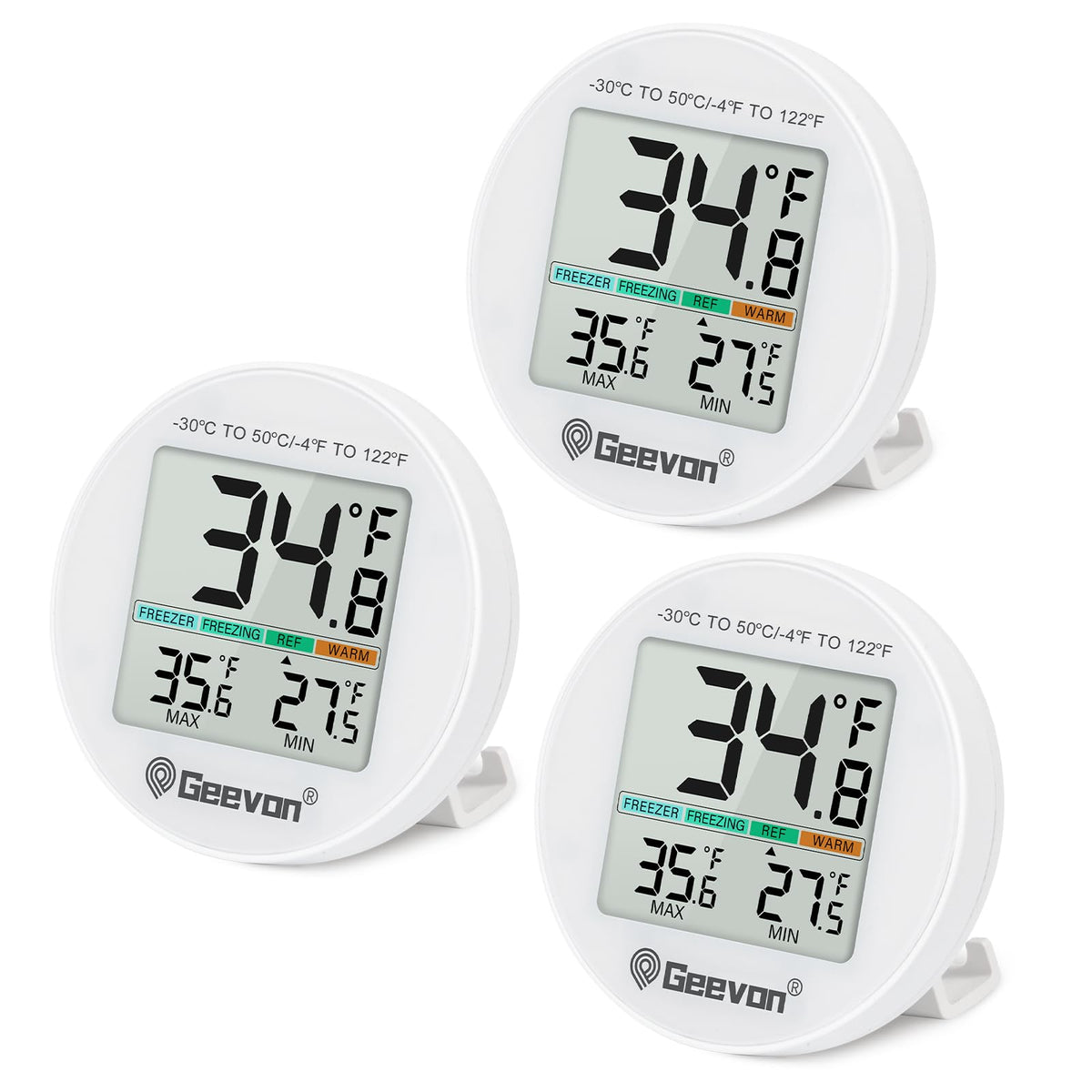 Geevon small digital thermometer on fridge with clear display for accurate food storage.