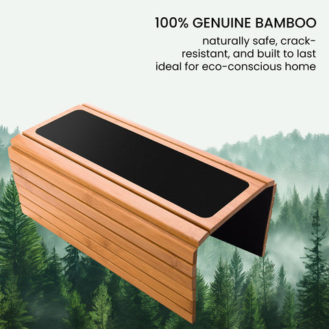 GEHE bamboo arm tray table with non-slip bottom stabilizing items on the sofa.