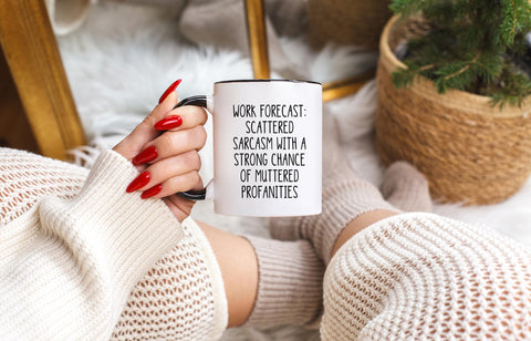 Gelid Work Forecast mug close-up graphics, crisp prints on ceramic.