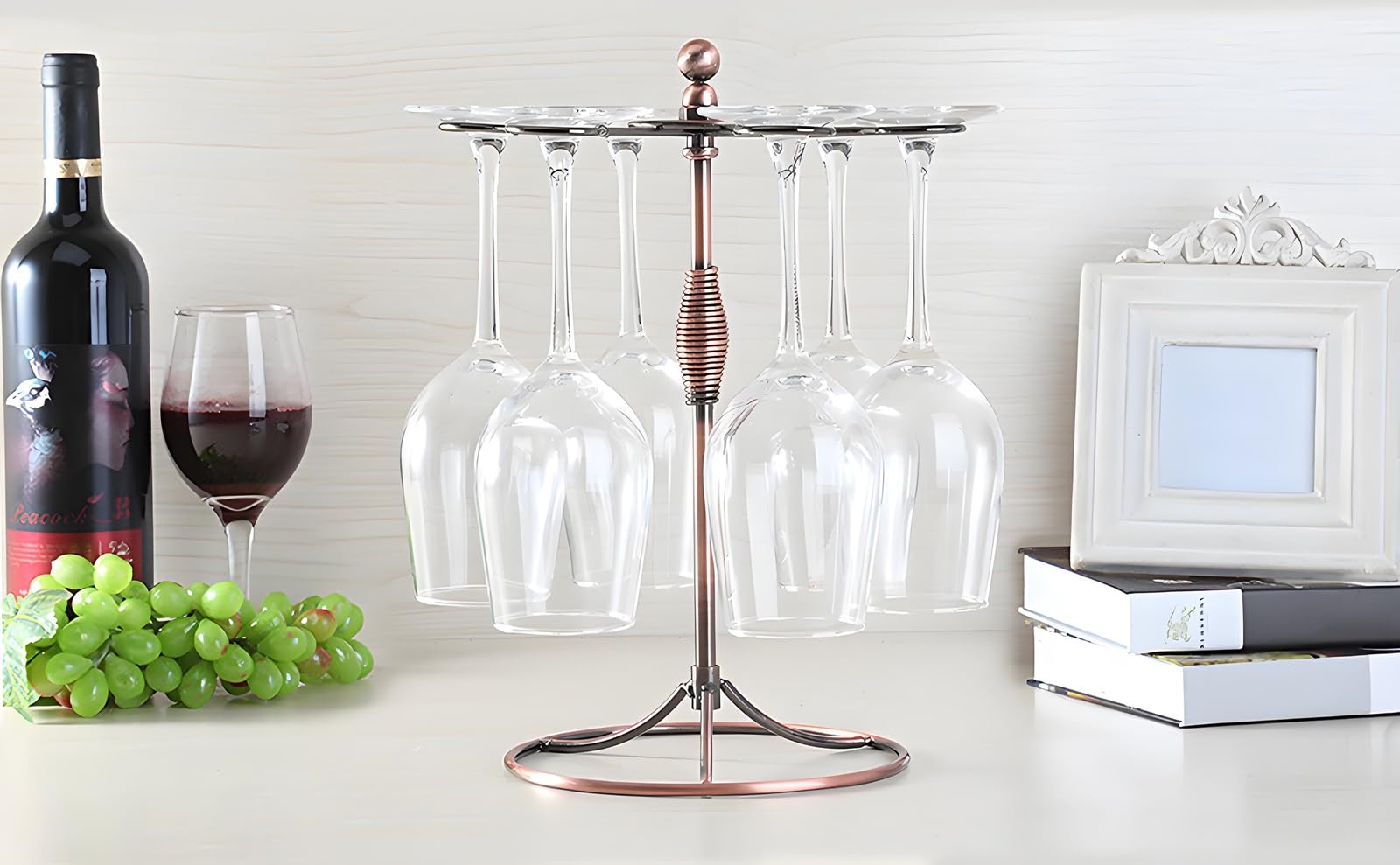 GeLive bronze wine glass holder stand with six glasses as centerpiece