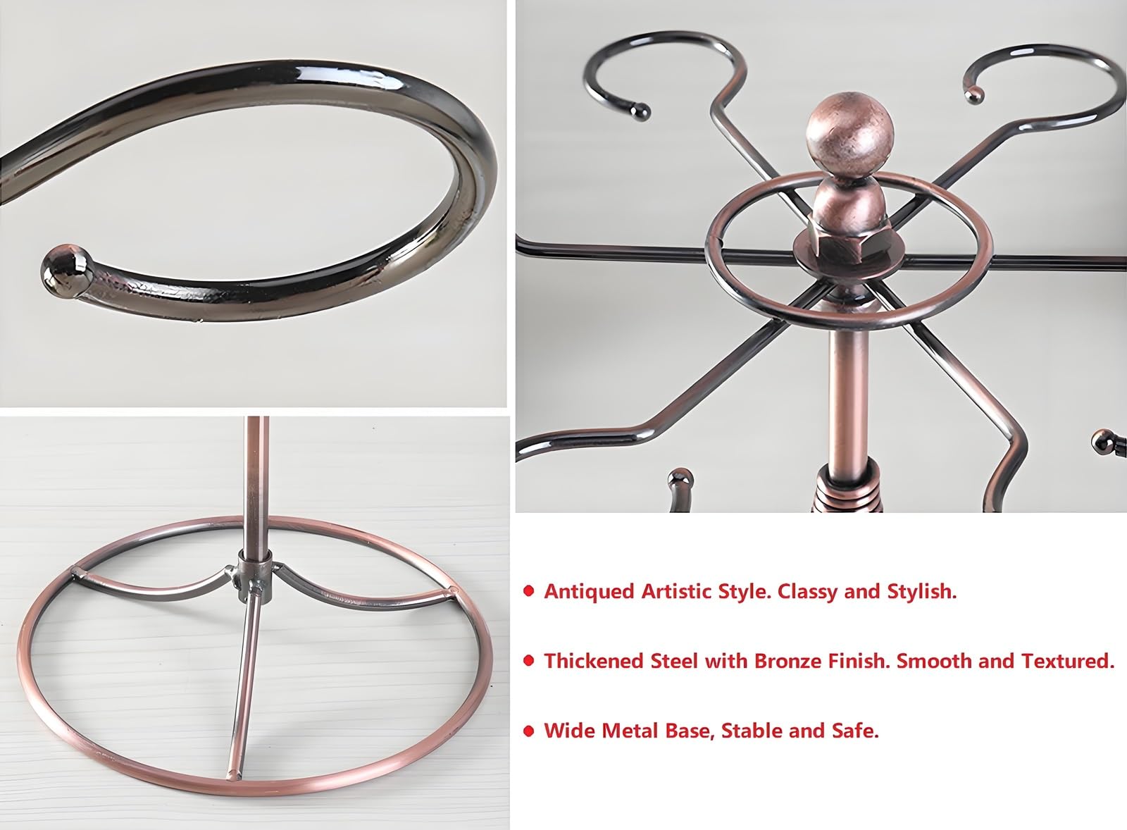 GeLive bronze wine glass holder stand close up shows antique plating