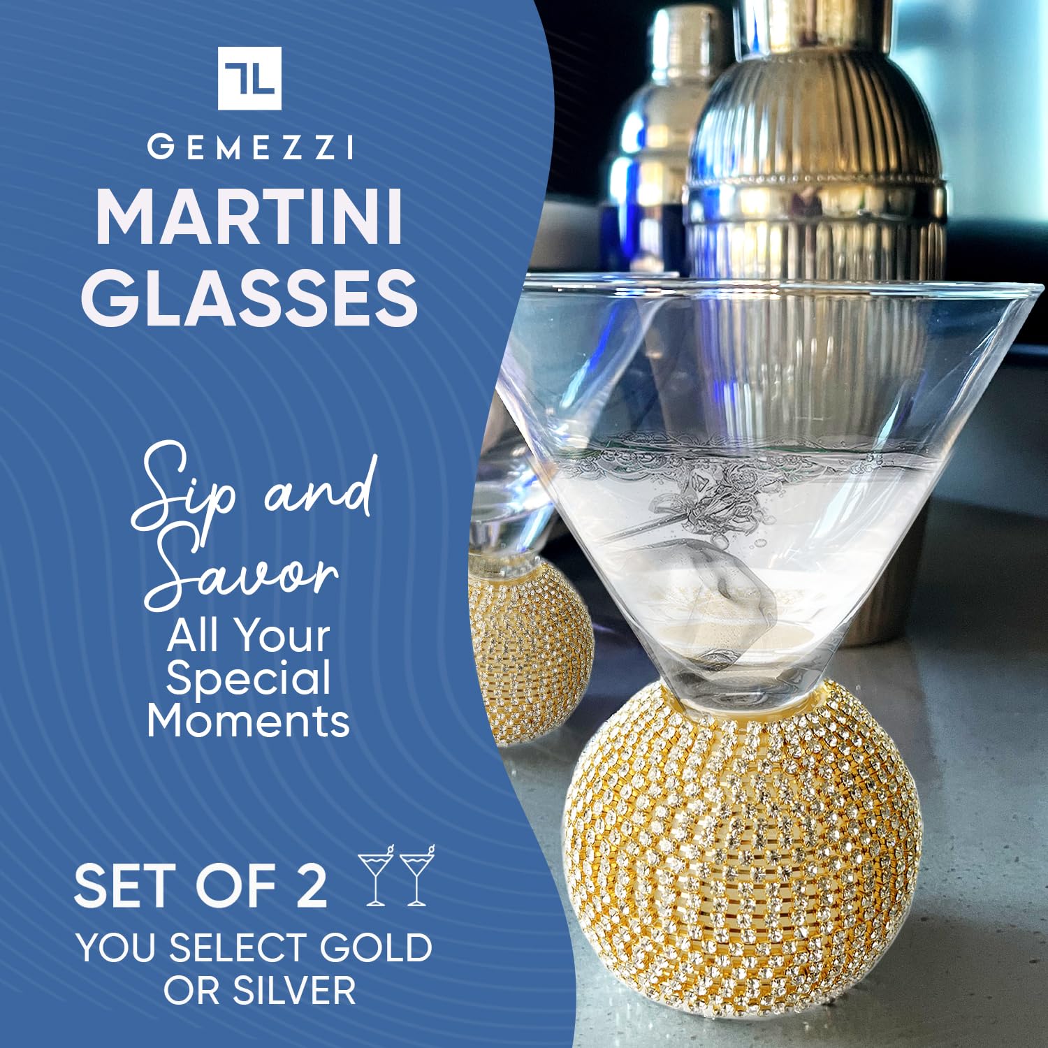 GEMEZZI Gemello stemless martini glasses with crystal ball base add sparkle to celebrations.
