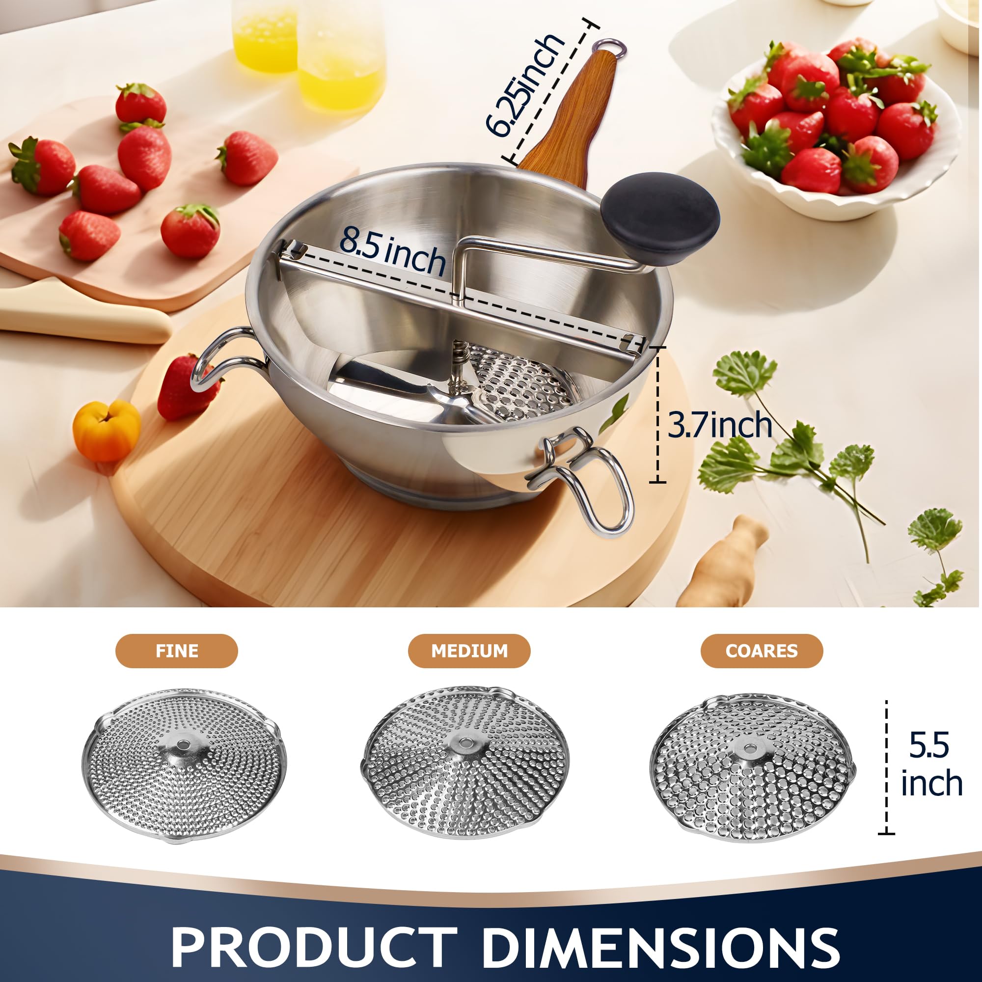 Gemfino food mill with ergonomic wood-grain handle stays cool during use