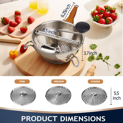 Gemfino food mill with ergonomic wood-grain handle stays cool during use