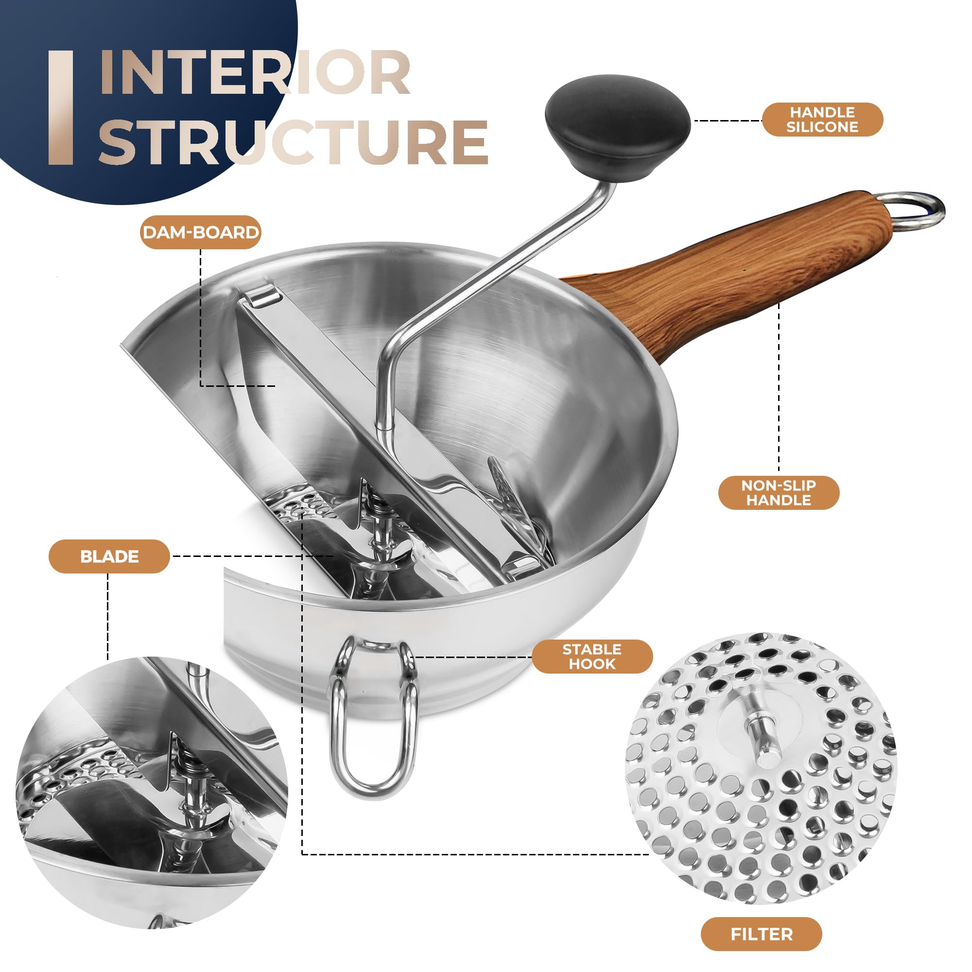 Gemfino food mill with three milling trays handles sauces, potatoes, and fruits