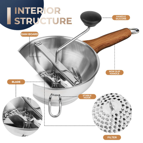 Gemfino food mill with three milling trays handles sauces, potatoes, and fruits