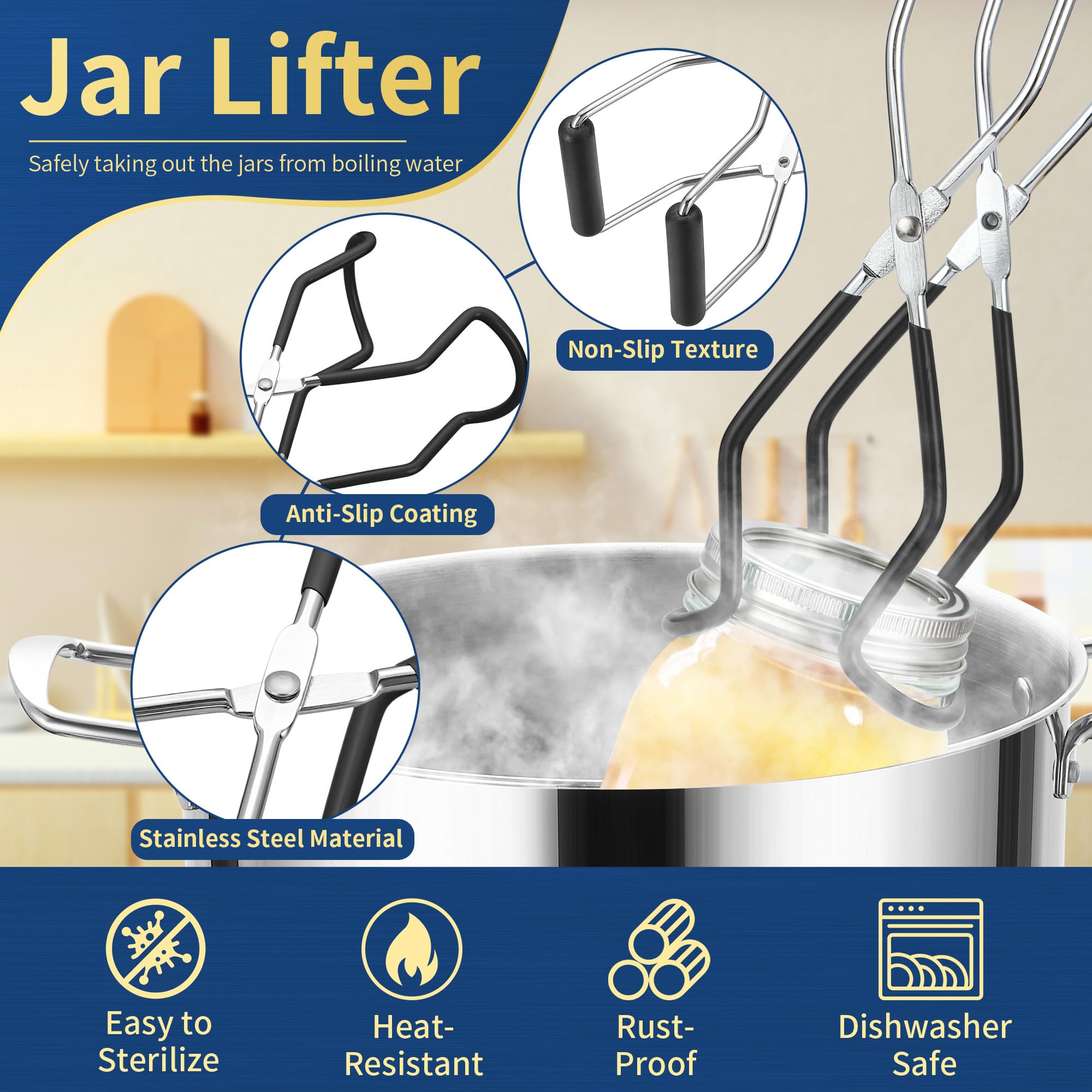Gemfino stainless steel canning tongs for secure handling of hot jars.
