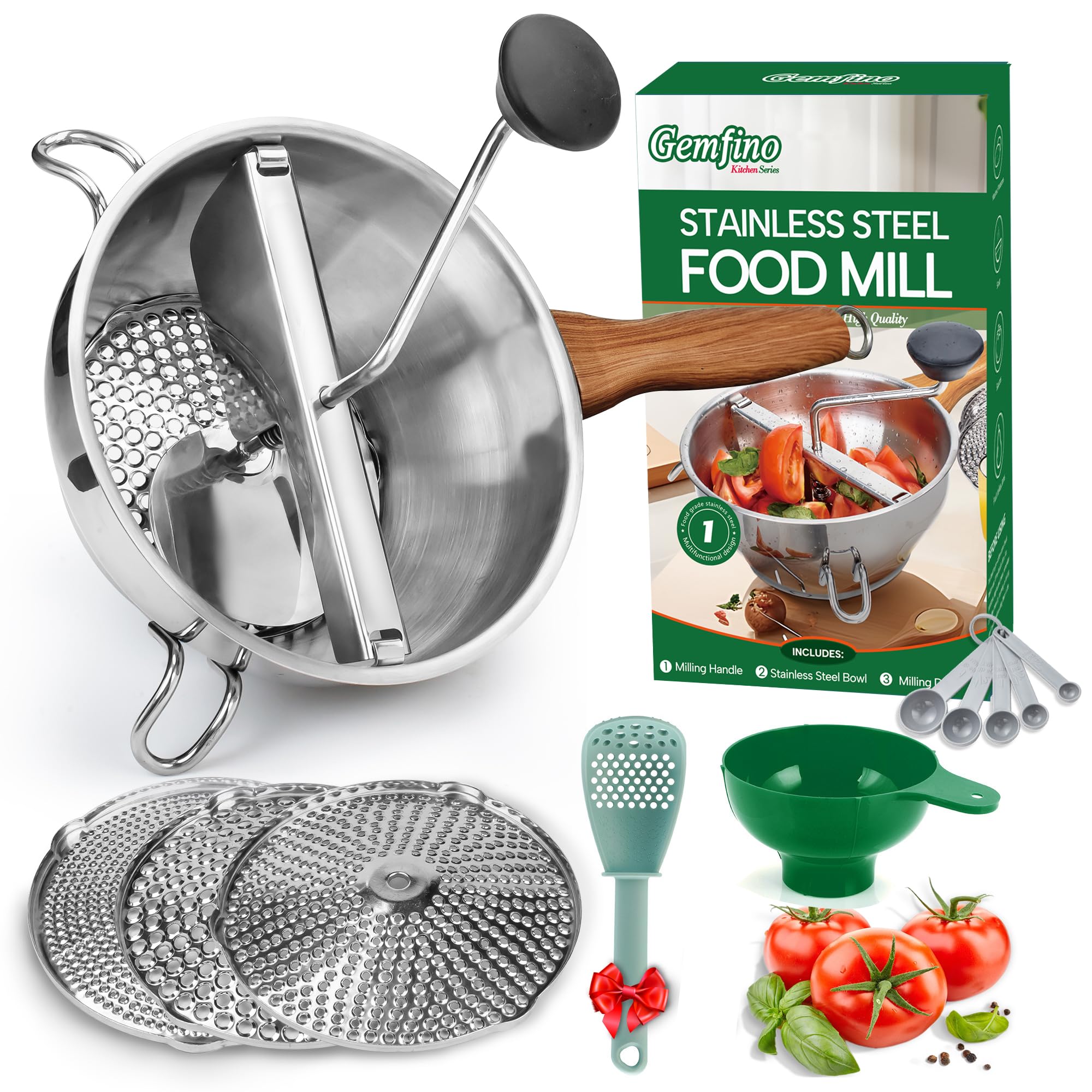 Gemfino stainless steel food mill with 3 discs for versatile texture control in sauces