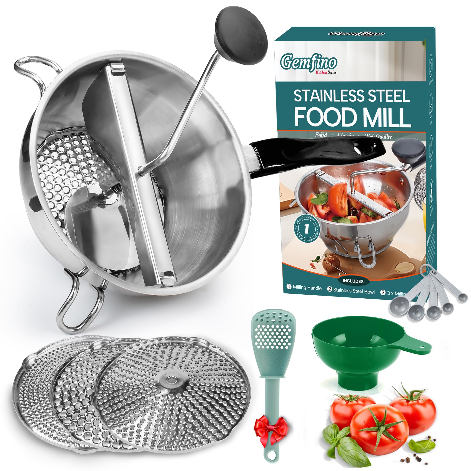 Gemfino stainless steel food mill with three discs for versatile textures.