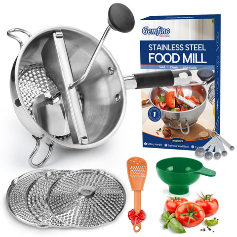 Gemfino stainless steel food mill assembly for easy grinding and cleaning.