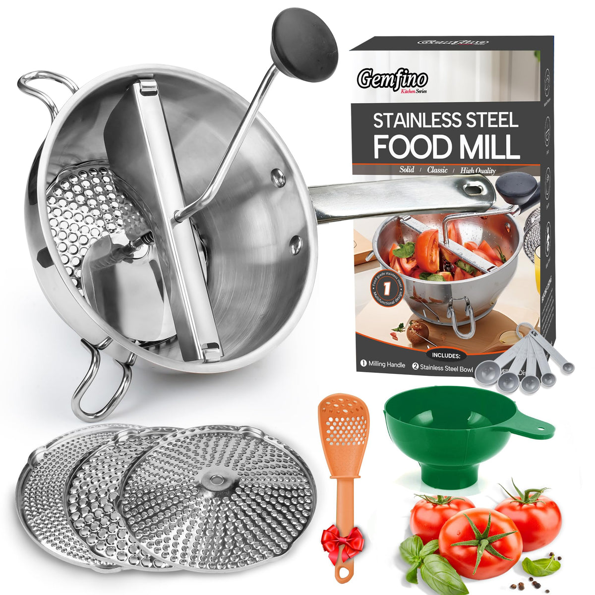 Gemfino stainless steel food mill with three discs for versatile textures in sauces and purees