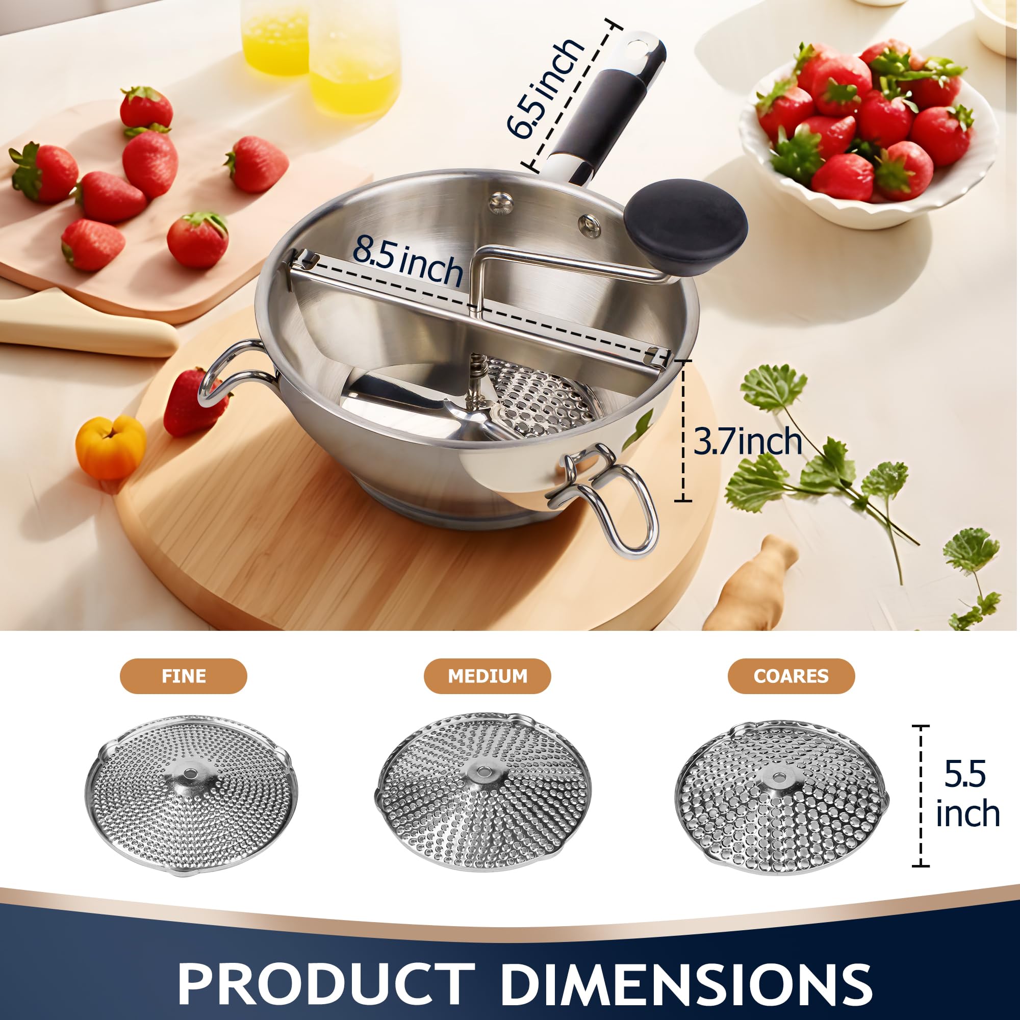 Gemfino stainless steel food mill triangle stability ensures secure attachment to bowls.
