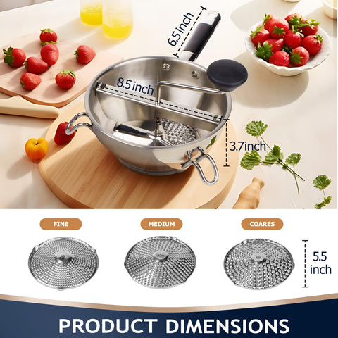 Gemfino stainless steel food mill triangle stability ensures secure attachment to bowls.