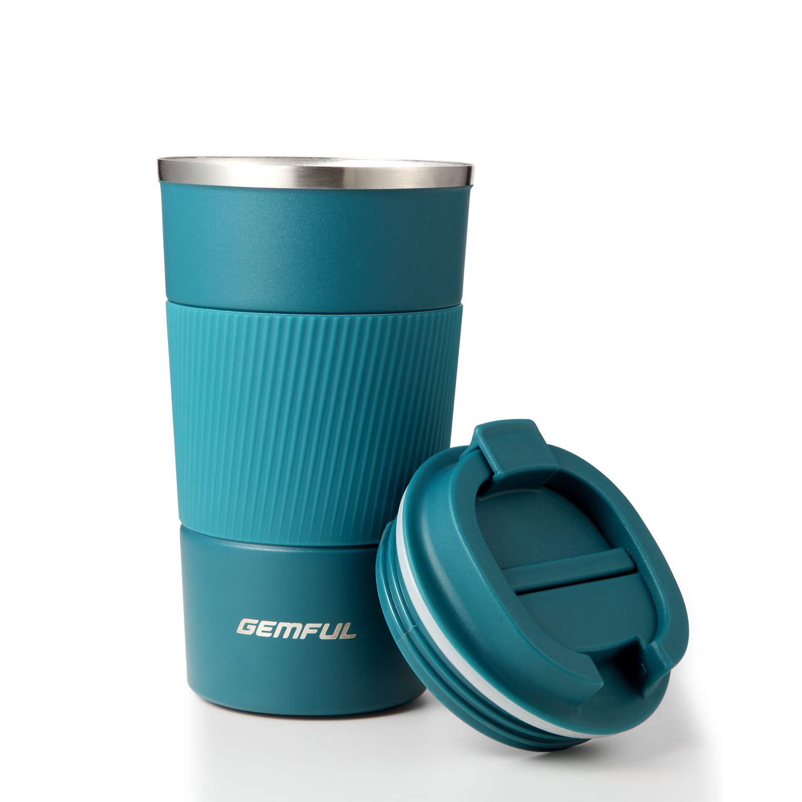GEMFUL 17oz travel mug with blue lid keeps beverages hot or cold on the go