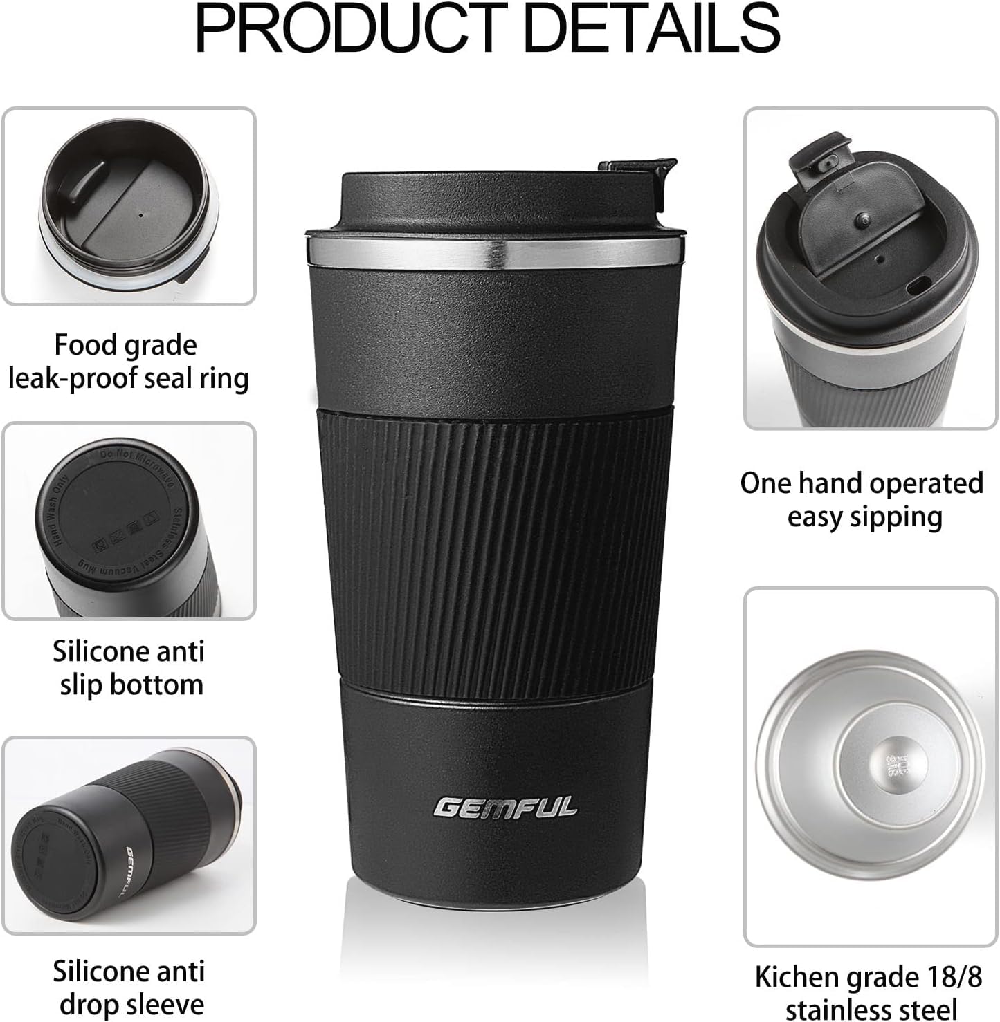 GEMFUL BPA-free leak-proof lid prevents spills during travel.