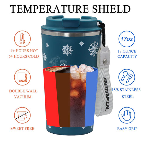 Gemful Christmas travel mug blue close up highlights durable stainless steel.