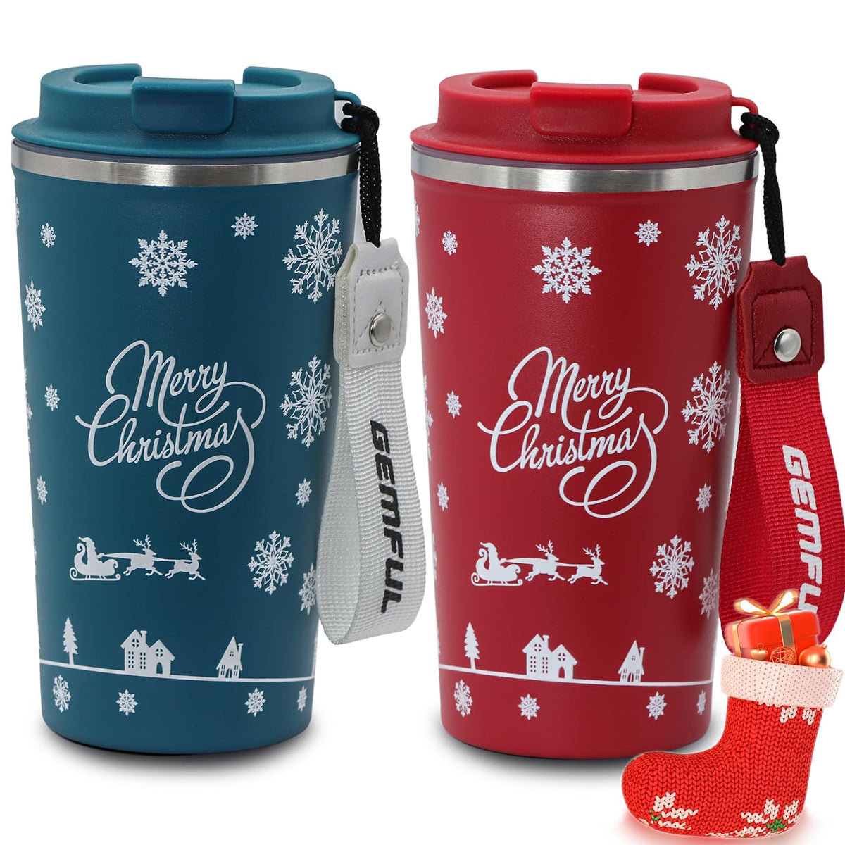 Gemful Christmas travel mug blue strap for easy on the go sipping.