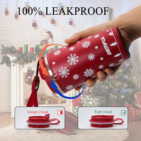 Gemful Christmas travel mug red close up shows BPA free lid design.