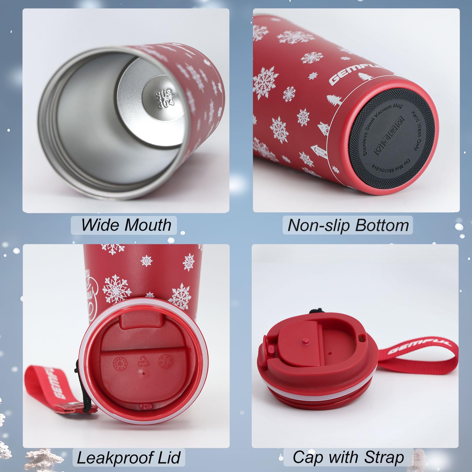 Gemful Christmas travel mug red strap ideal for commuting hot drinks.