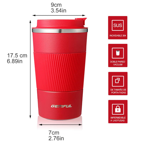 GEMFUL insulated stainless steel mug with red sleeve for secure grip.