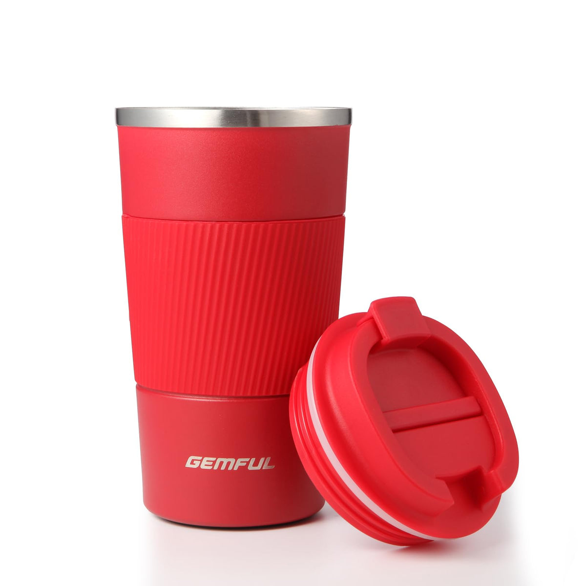 GEMFUL travel mug with red lid keeps beverages hot during commutes.