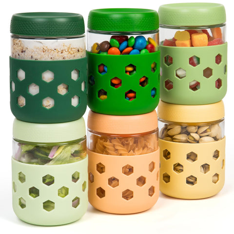 Gemice silicone-armored overnight oats jar 16oz with protective sleeve for on-the-go meals.